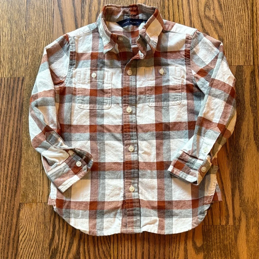 Janie and Jack sz 3 brown, white, and grey plaid button down flannel shirt